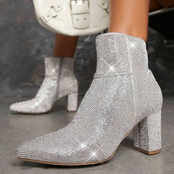 NEW🔥Bling Diamante Rhinestone Crystal Embellished Ankle Boot Booties Block Heel